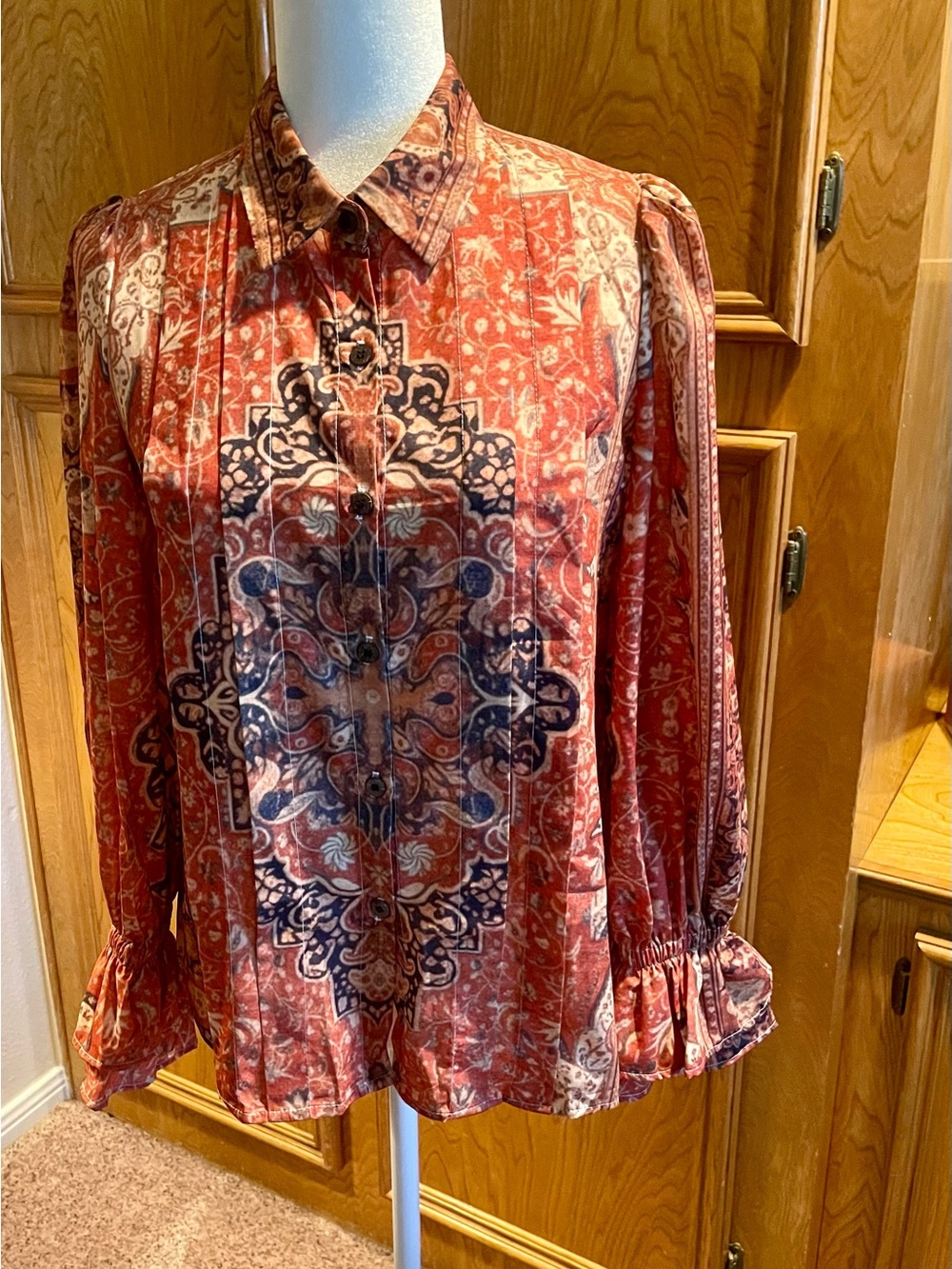 Womens Rust Red Printed Button-Up Blouse